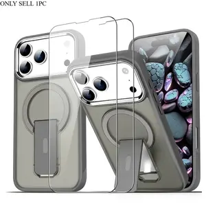 Phone Case: 3pcs [1 Phone Cover with 2 Clear Screen Protectors]Luxury Magnetic Wireless Charging Case with Hidden Stand for iPhone Air 17 Pro Max 17 Pro 17 16 15 14 13 12 11 Pro Max, Shockproof Armor Matte Translucent Metal Ring Camera Protective