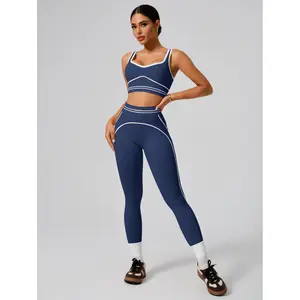 Retro Striped Yoga Outfit - High Support Sports Bra & Tummy Control Leggings for Pilates