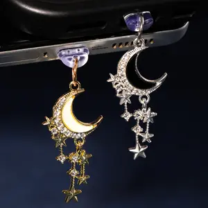 Diamond Studded Moon Tassel Smartphone Dust Plug, Alloy Metal Pendant Accessory, High-End Personalized Fashionable Elegant Delicate Romantic Y2K Style, Phone Decoration