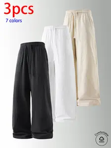 3-pack men’s pure cotton long pants: loose straight casual pants, sweatpants/joggers, featuring a drawstring waistband design. Available in multiple colors. Suitable for home lounging, daily commuting, outdoor walks, short trips, camping—versatile casual
