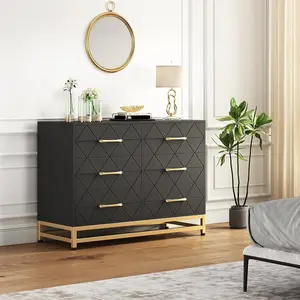 Storage Cabinet  6 Drawer Triangle Pattern Chest - MDF + PB + Iron  Black  Sleek and Modern Storage for Bedroom  Living Room  Office
