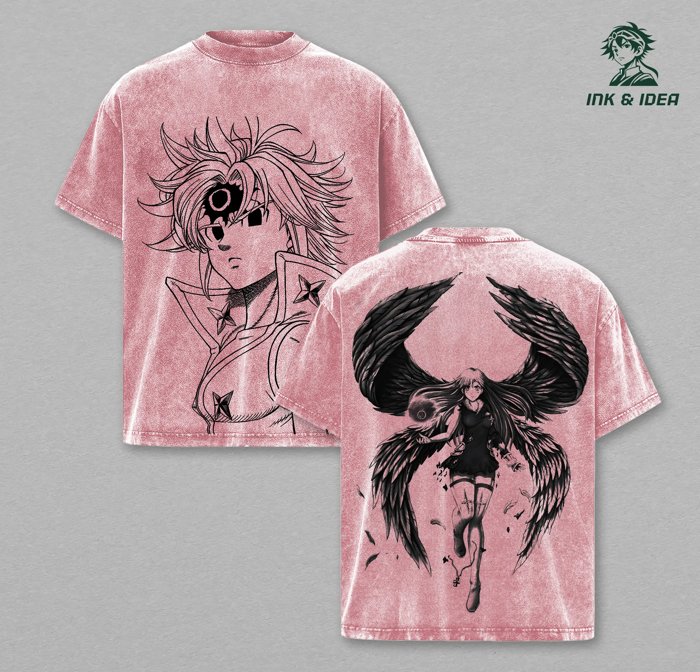 Meliodas x Elizabeth Liones Anime Double Printed Vintage Washed Tee Unisex Oversize Heavyweight Cotton T-shirt for Anime Fans and Lovers