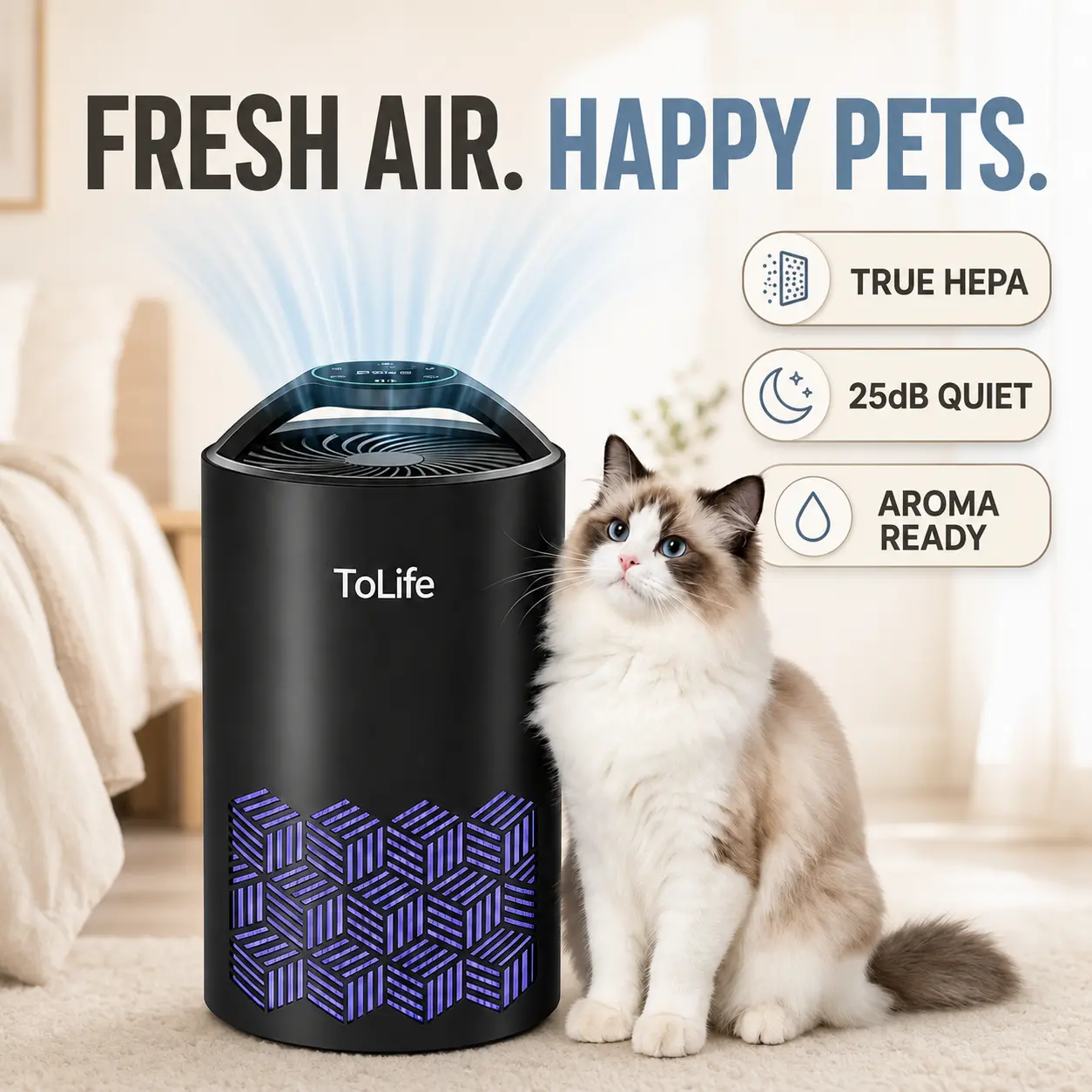 ToLife K1 Essential Oil Aroma Diffuser & True HEPA Air Purifier for Bedroom, Waterless Aroma Pad, Quiet 25dB Sleep Mode, 360° Airflow, 215 Sq. Ft. Small Room Air Cleaner for Pets, Smoke, Dust and Odors