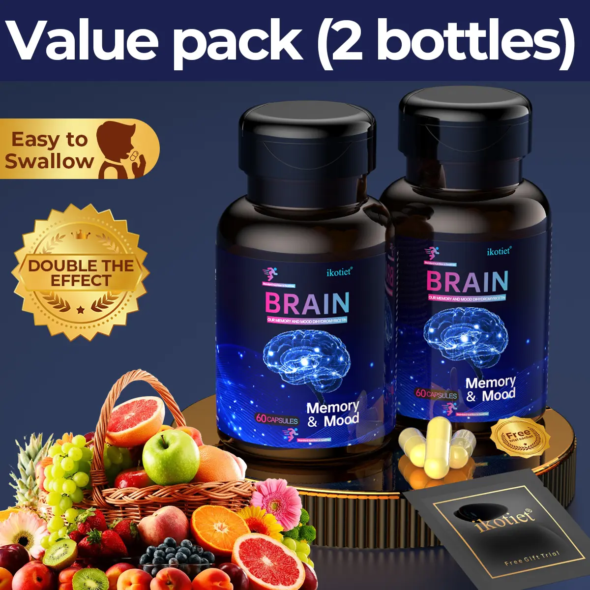IKOTIET Natural Gluten-Free Brain Health Healthcare Dietary Supplement, 130g - 60 Capsules + 1 Free Trial Pack, with Phosphatidylserine, Magnesium, Vitamins B6/B12, Folic Acid, Dihydromyricetin, Safe to Swallow, Supports Memory & Cognitive Function