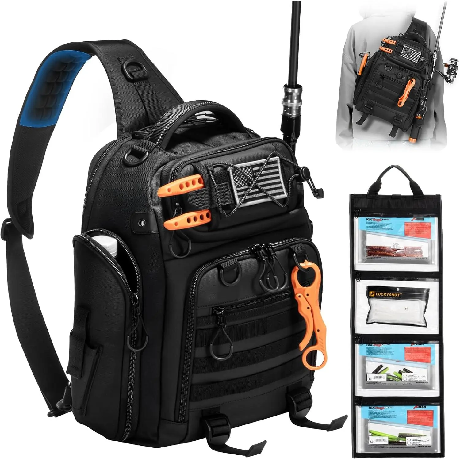 18L Fishing Sling Bag with Removable Lure Wraps and Rod & Beverage Holder, Tackle Bag for Fishing Gear