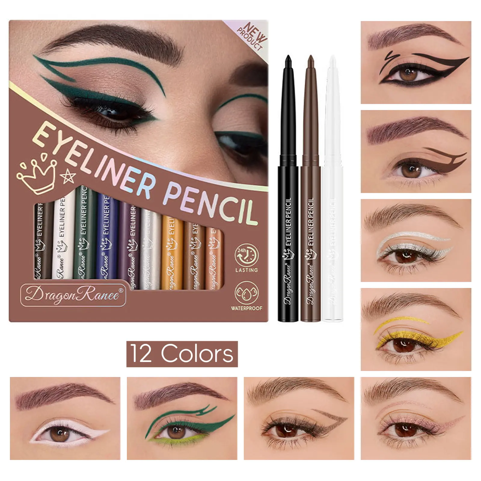 12-Color Graphic Eyeliner Kit, Waterproof and Long Lasting Multicolor Eyeliner Pencils for Artistic Looks, Parties, and Cosplay (12 Pcs/Set), Eye Makeup Supplies, Long Lasting Eyeliner