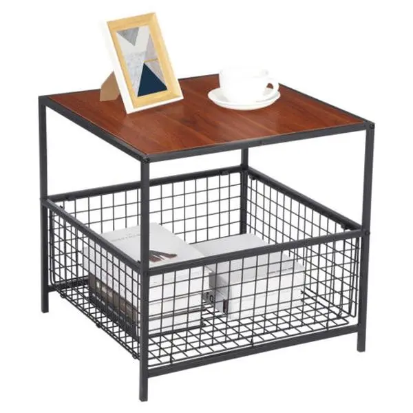 ZENSTYLE 20-in Multi-Functional Cubed Wood 2-Level Square Top Side Table - Quick-Setup Indoor Living Room Multi-Functional Coffee Table with Wire Storage Basket, Shelf, Stylish Design (Red Mahogany), Multi-Functional Coffee Tables