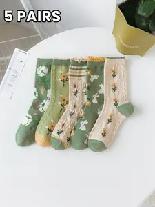 5 Pairs Floral Bunny Print Mid-Calf Socks, Everyday Fresh Healing Style, Soft Breathable, Non-Restricting, Elegant Embroidery, Ideal for Students, Spring