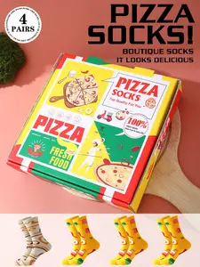 4 Pairs Pizza Socks Gift Box Set, Creative Fun Novelty Socks, High Elasticity Comfortable Breathable, Unisex Spring Summer Sports Socks