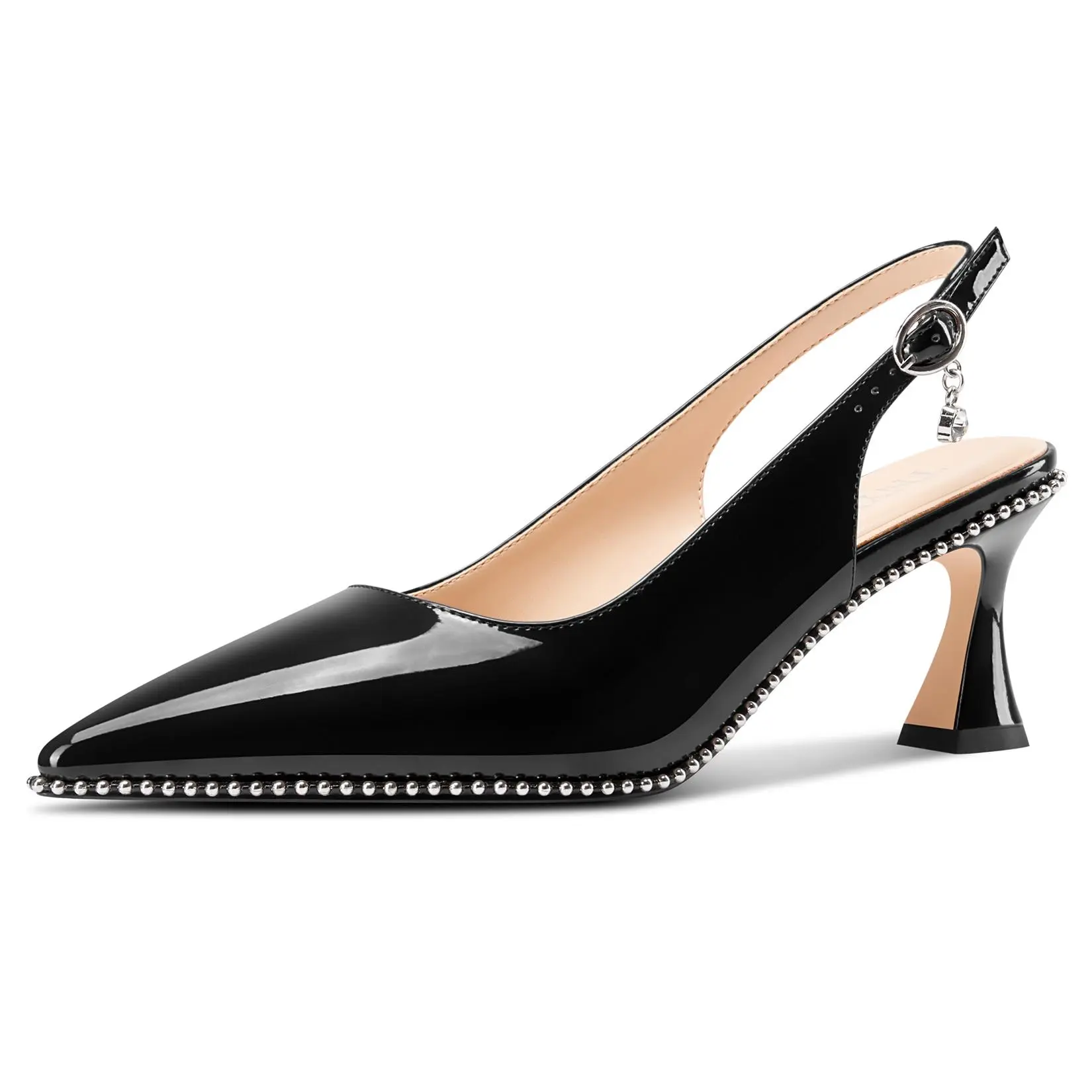 Women's Elegant Patent Leather Dainty Kitten Heels Pumps - 2.6 in Slingback Buckle Footwear, Pointed Toe Beaded Slip-On Heels for Women, Saint Ripper Prom Party Dress Shoes, Adjustable, Synthetic, Evening Outings