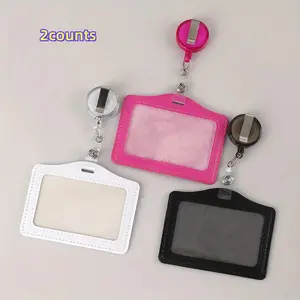 2-Pack PU Leather ID Badge Holders for Men and Women, Horizontal Card Holder for Office, School, Bus & Hospital Access