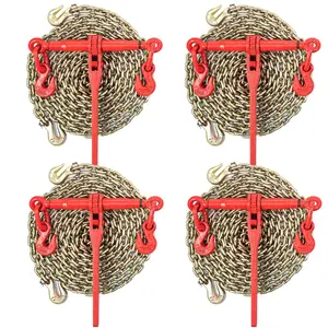 Chain Load Binder Kit 5/16 Inch Tie-Down Set With 6600 Lbs Working Load Capacity And Two Grab Hooks, Includes Four Ratchet Binders And Four 21-Foot Grade 80 Chains, Comprehensive Transport Load Package For Hauling And Towing