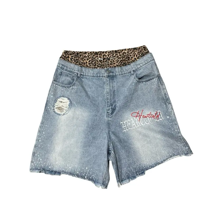 Men's Fashion Distressed Cool Knee-Length Jean Shorts, Double-Waisted Cheetah Print Rhinestone Denim Shorties, Loose Bottoms, Embroidered Logo, Fitted Leather-Accent, 13 Oz Streetwear Clothes