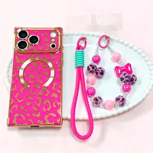 Luxury Glitter Leopard Print Square Phone Case with Beaded Lanyard 3-Piece Set, Compatible with iPhone 14/15/16/17 Pro Max. Full Coverage MagSafe Support, Shockproof Anti-Scratch Design. Light Luxury Premium Style, Wear-Resistant Durable Protective Cover