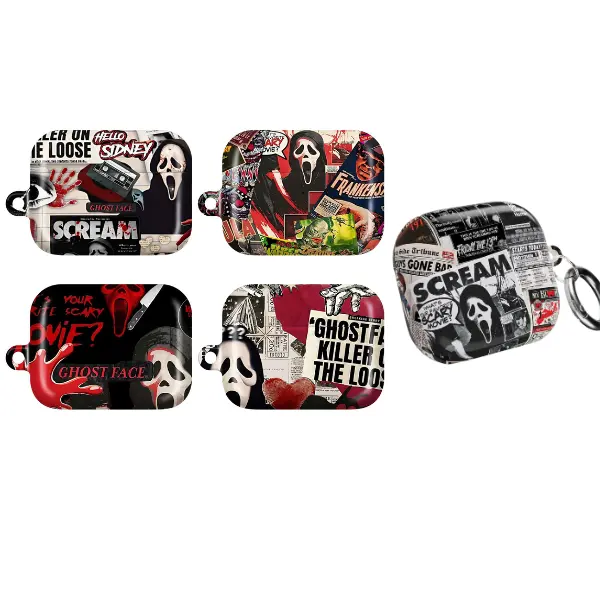 Retro Slasher AirPods Case – Creepy Horror Movie Inspired Cover with Vintage Scary Film Collage, Spooky Red Black Aesthetic & Halloween Vibes, Protective Case Compatible with AirPods 1 2 3 4 & AirPods Pro 1 2 3