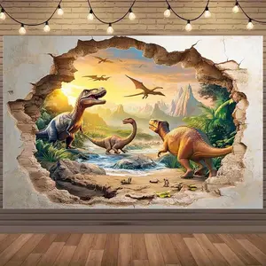 1PC,2D Flat **** Wall - breaking Dinosaur - themed Backdrop, Jurassic World Children's Birthday Party Decoration Cloth, Retro Cave Dinosaur Photography Backdrop, Home Decoration Tapestry Backgro