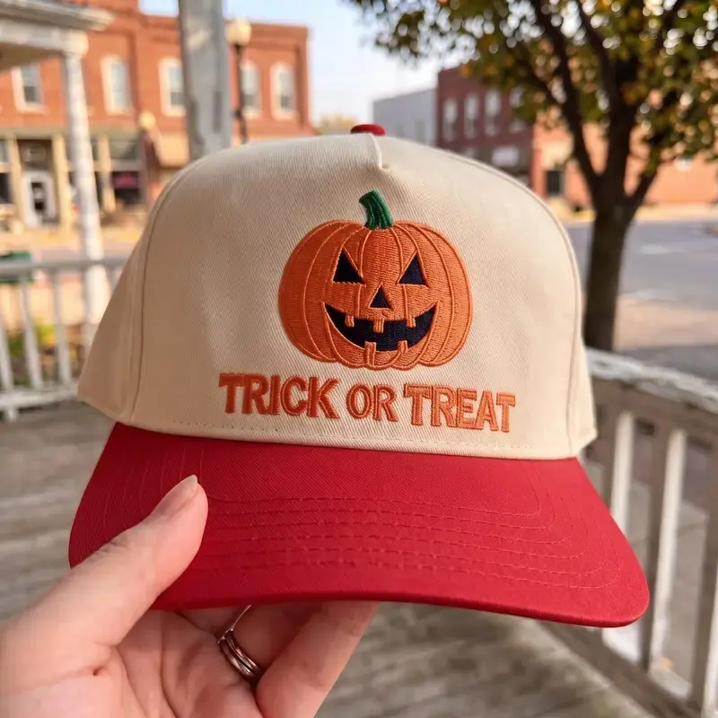 Trick or Treat Halloween Embroidered Hat, Two Tone Spooky Trucker Cap