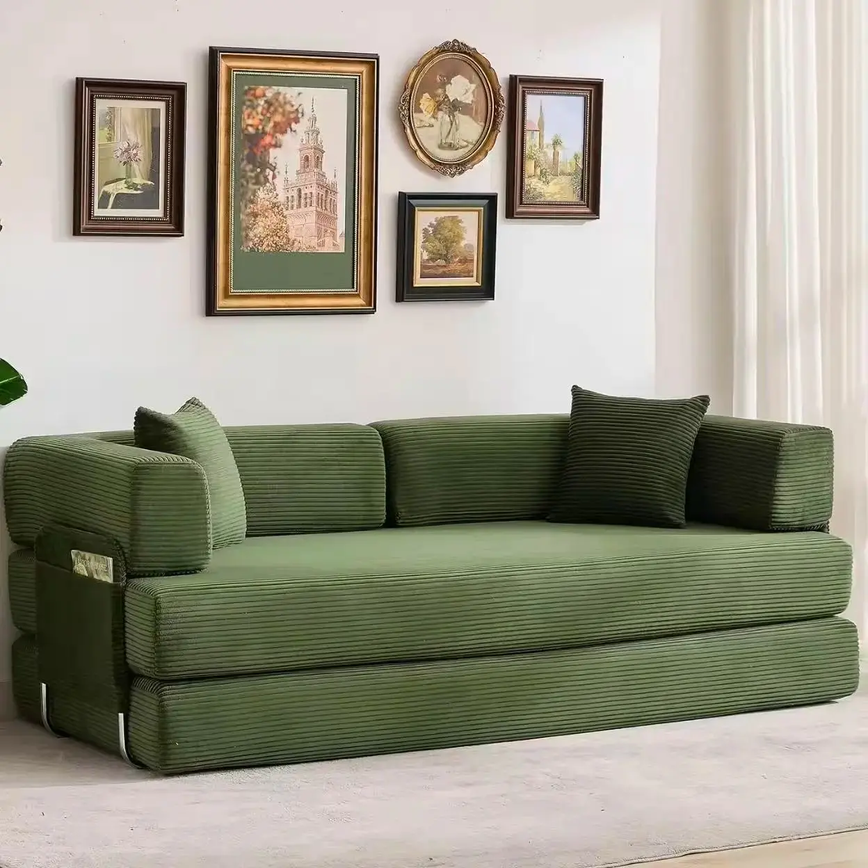 78.8in Modern 3-Seat Corduroy Modular Convertible Sofa Bed - 5-in-1 Full-Size Pull-Out Sleeper Futon, Unpack-and-Go Multi-Functional Indoor Furniture for Small Spaces Apartment Size Couch