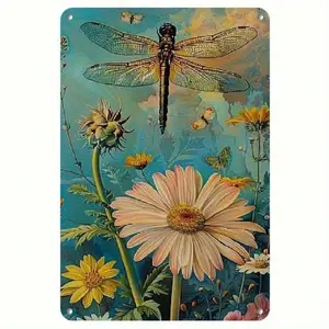 Vintage Retro Floral Dragonfly Home Decor Wall Art Sign Aluminum Print Design for Living Room Bedroom Bar Cafe Office Decoration Unframed Art Print
