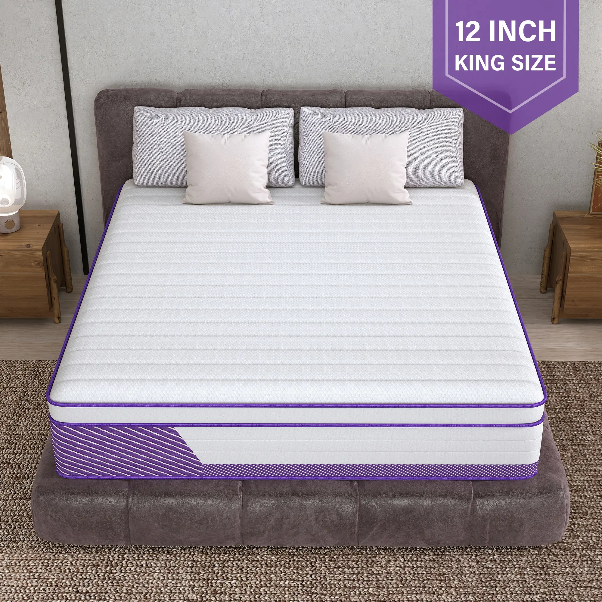 【SummerFinds】MULINATURE 12" King Size Mattress in a Box, Hybrid Memory Foam & Pocket Spring, Medium Firm Support, Motion Isolation, Sleek Purple