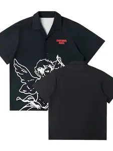 Men's Summer Short Sleeve Shirt, Flip Collar Zipper Design, Cupid Cartoon Print, Fashion Trendy Button Shirt, Casual Vacation Formal Top