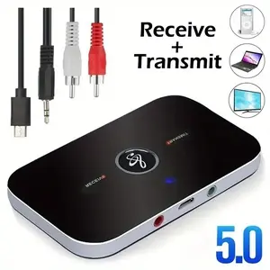 2 in 1 Wirelsss Audio Auxiliary Transmitter and Receiver 3.5mm Aux Fast Stable Low Latency Bluetooth Wireless 5.0 Adapter for Car Home Stereo System and Headphones Hands-Free Calling TX Mode for TV PC Laptop RX Mode for Audio amplifier, Sound box