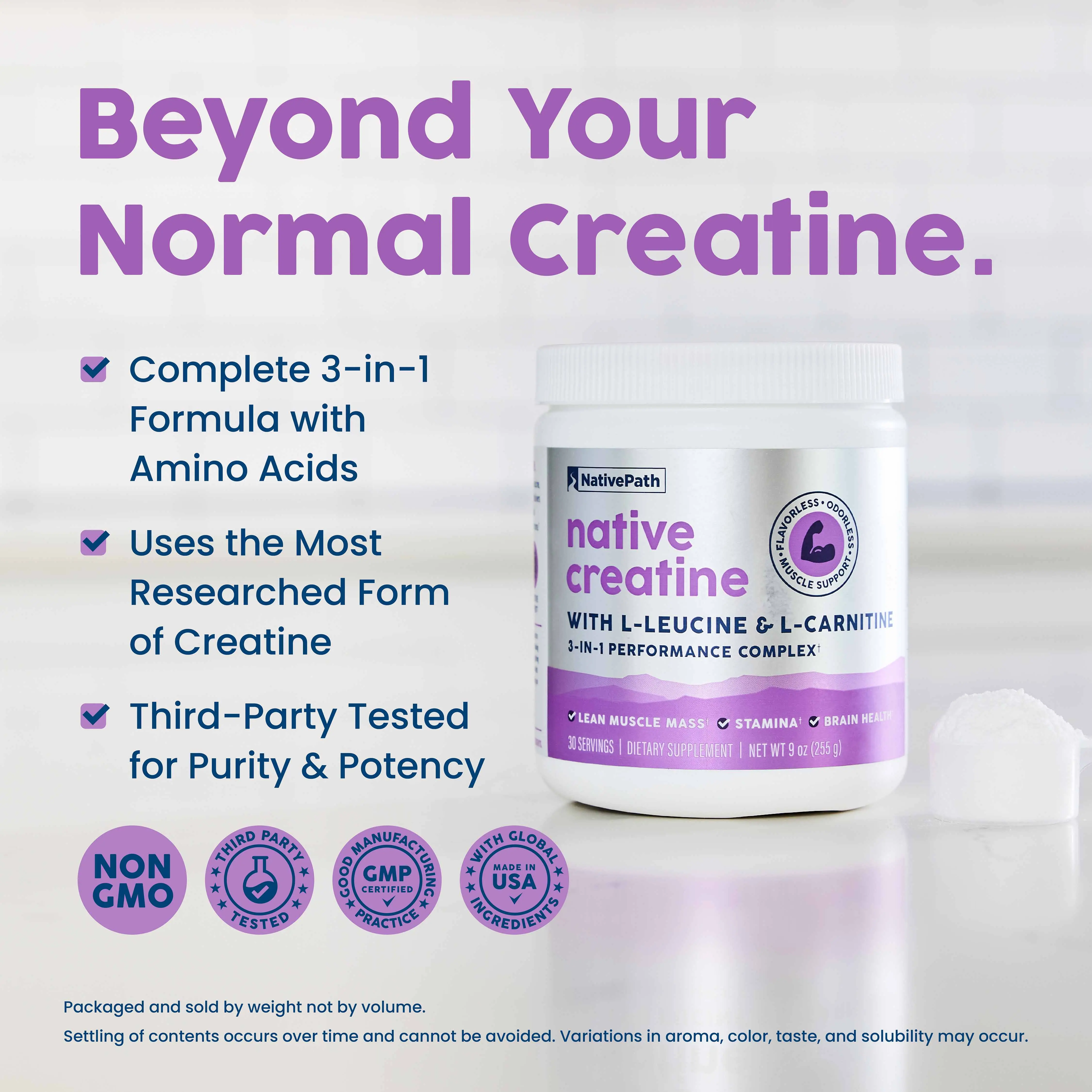 NativePath Creatine Monohydrate Powder with L-Leucine & L-Carnitine – 5g Creatine for Muscle Health & Recovery for Men & Women – Unflavored, 30 Servings