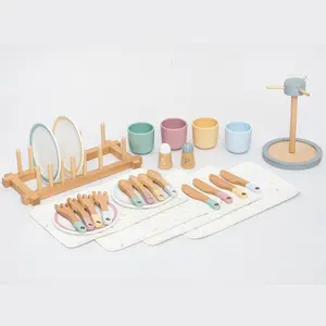 Wooden Kitchen Toy Set, 28pcs/set Miniature Cooking Set Simulated Kitchen Toy, Tableware Group Pretend Play Toy for Kids, Birthday Gift for Boys & Girls, Pretend Kitchen Playset