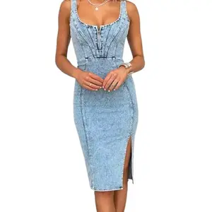 New Spring 2026 Women's Sleeveless Denim Dress, Slim Fit Midi Length, Side Slit, Fashionable and Styling-Enhancing Trendy Skirt.