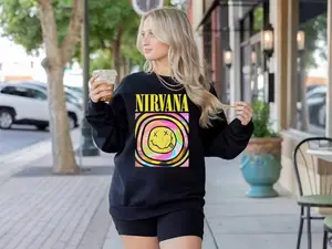 Nirvana Smiley Face Sweatshirt, Nirvana Aesthetic Unisex Crewneck Sweatshirt, Smile Heliconia Pink Sweatshirt, Trendy Pink Nirvana Shirt