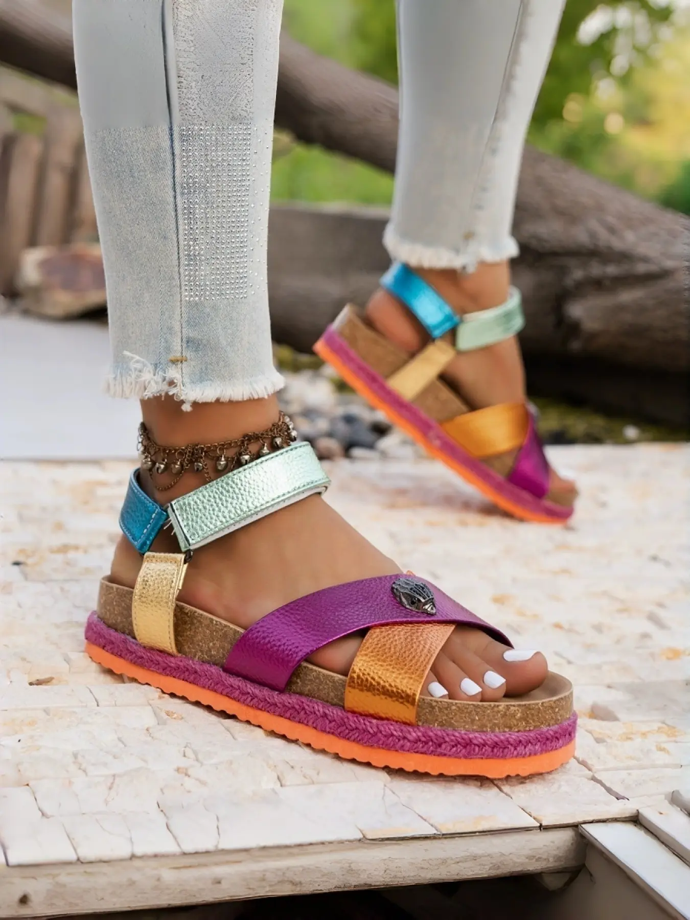 Women's Metallic Color Block Sandals, Cork Footbed Platform Slides for Summer Footwear, Casual Outdoor Sandals, Casual Fashion Sandals