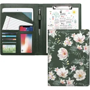 Women Portfolio Case Padfolio Cover - A4/Letter Size Legal Document Organizer with Hardboard Clipboard Business Card Holder for Conference Resume, Green Flower