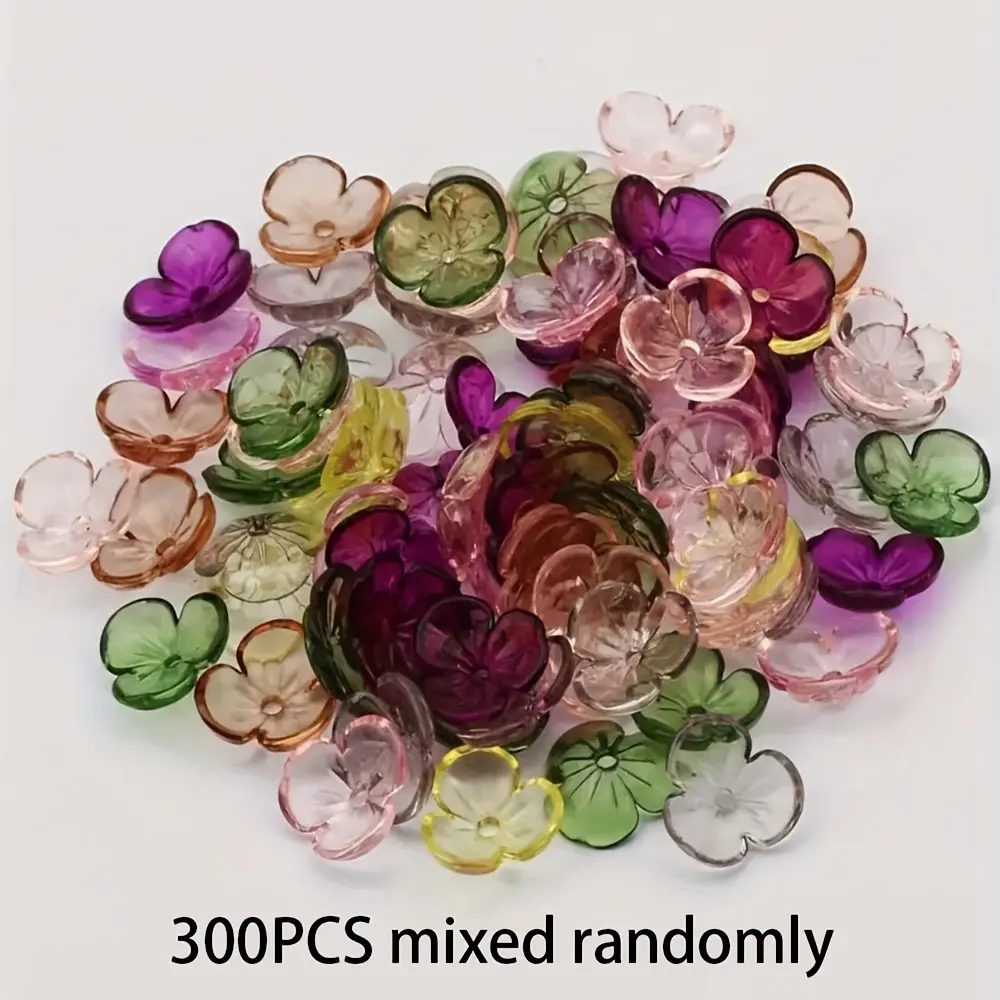 DIY Beads Assortment - 300pcs Transparent Acrylic Flower Beads, Vibrant Multicolor, Mixed Sizes, Glossy Finish, DIY Beading & Jewelry Making Supplies for Necklaces, Bracelets, Colorful Bead Mix