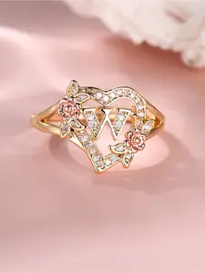 White Synthetic Zirconia Heart Design Double Flower Design Rose Gold Plated & Gold Plated A-Z Adjustable Ring, Women's Fashion Ring, Suitable for Daily Wear And Gift Giving, Perfect for All Seasons, Promise Rings, Heart Letter Rings
