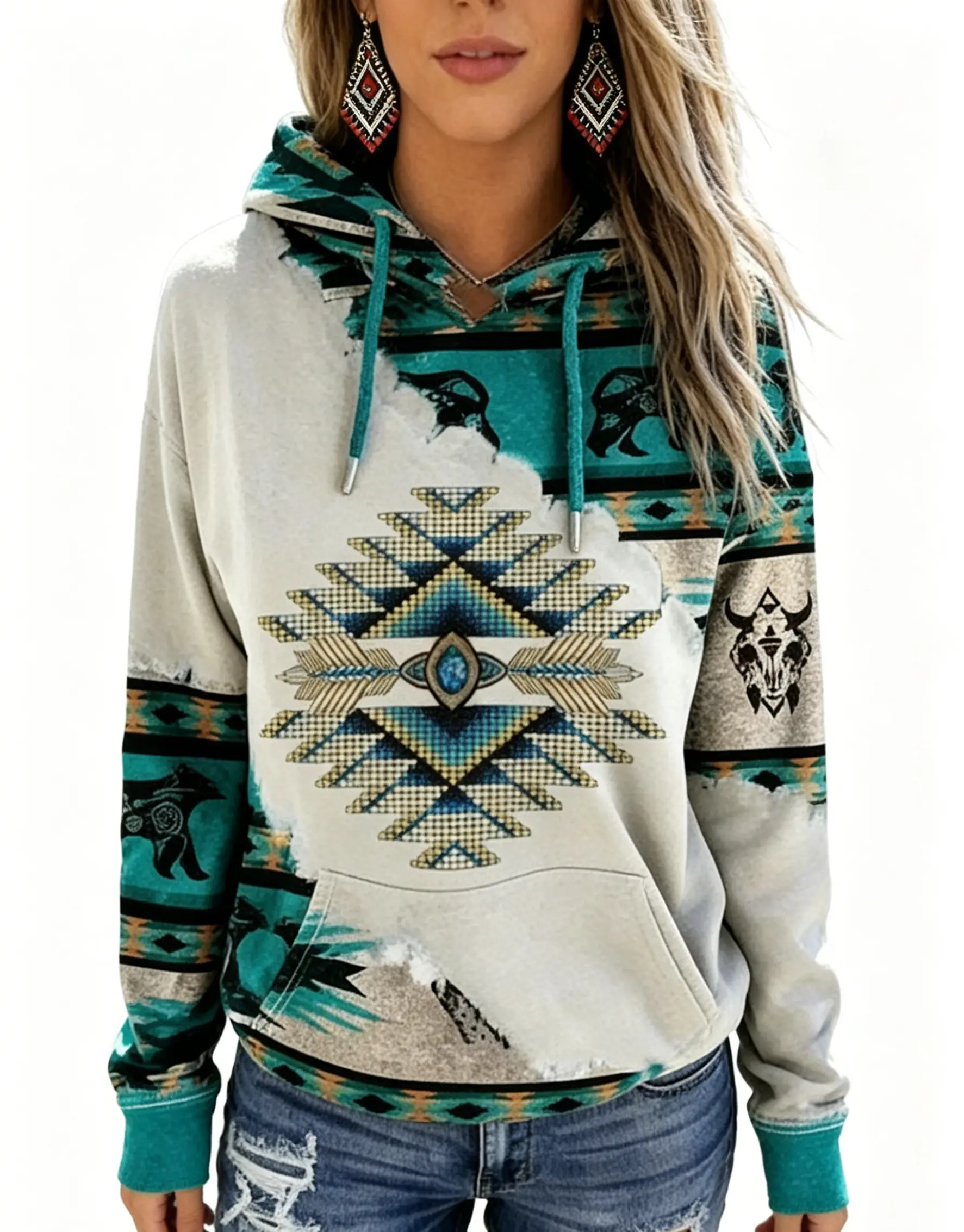 Women's Casual Long Sleeve Hooded Sweatshirt with Ethnic Aztec Geometric Print Patchwork Design, Drawstring Hood, Kangaroo Pocket, Soft Fleece Lined Pullover Top for Fall Winter