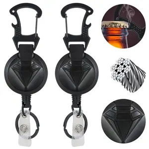 Extra Large Retractable Keychain, Fashion Rhombus Pattern Key Ring, 35 Inch Stainless Steel Rope, Bottle Opener Carabiner ID Holder