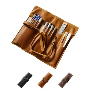Genuine Leather Pencil Roll - Pen and Pencil Case，3 Open-End Pockets for Long Pens, Sturdy Strap, Fold-over Flap(brown)