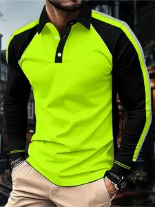 Men's casual 3D printed polo shirt, new fabric, fluorescent green long-sleeved top, soft and breathable fabric, suitable for outdoor and casual wear, new fabric