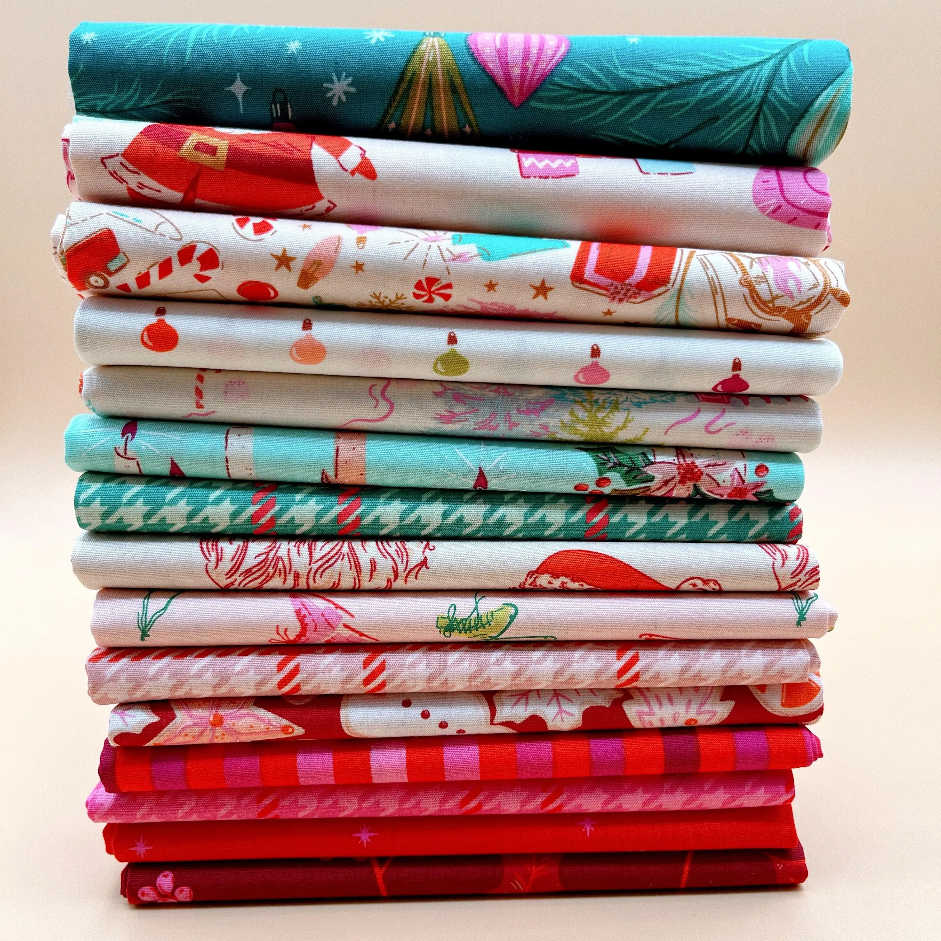 Christmas in Color Festive Quilting Fabric Stash Fat Quarter Bundle, 15 Prints, Curated Colors, Holiday Motifs