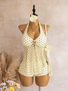 Polka Dot Halter Neck V-Neck Metal Buckle Mesh Skirt Flat Bottom Pant Split Swimwear Two-Piece Set, Stylish Beach Wear