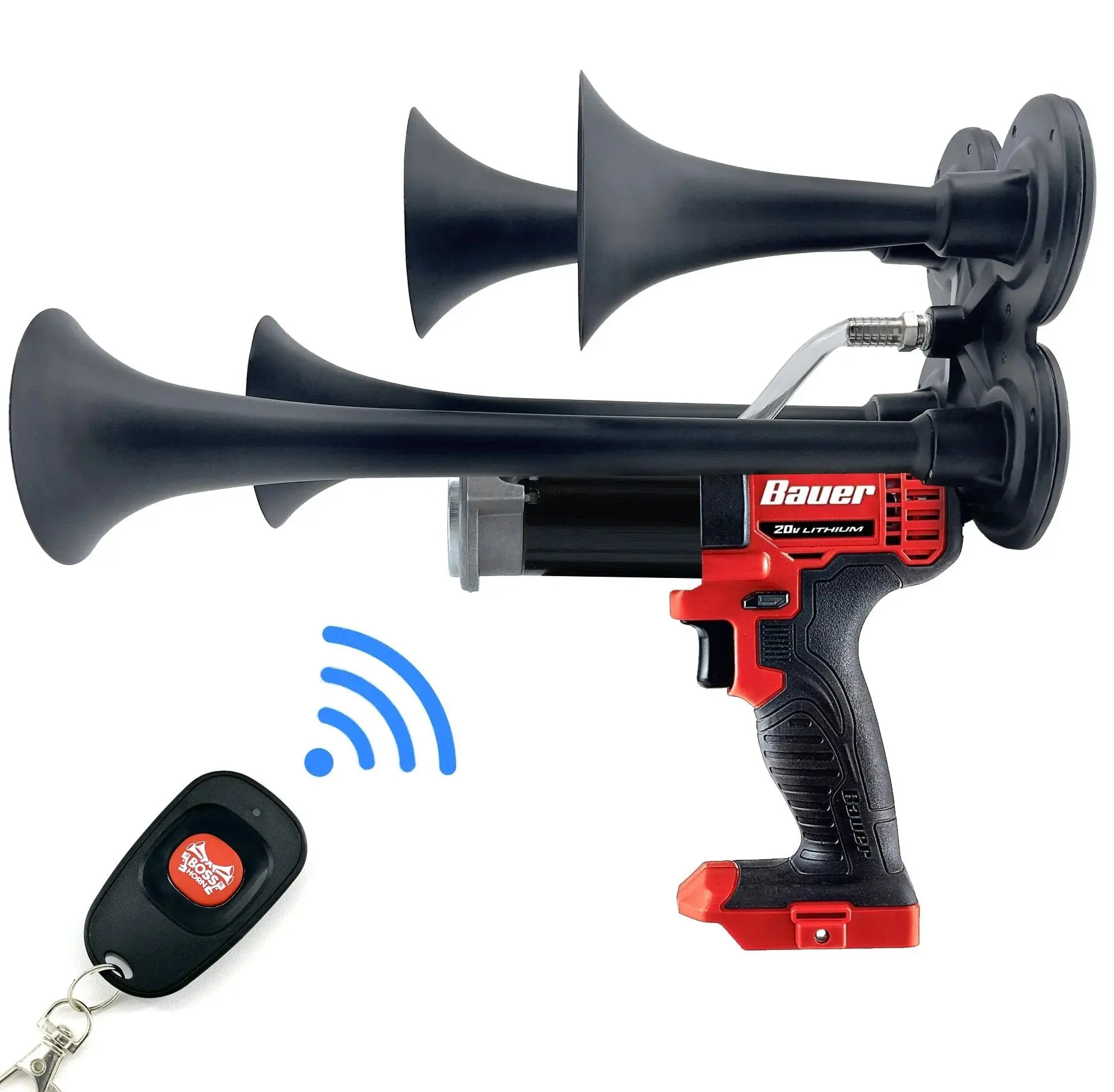 Bosshorn Quad Train Horn - Loud Sound Accessory for Wind Instruments, Compatible with Bauer 20V Batteries, Ideal for Camping, Boating, Pranks & Fun (Toys & Hobbies, Musical Instruments & Accessories)