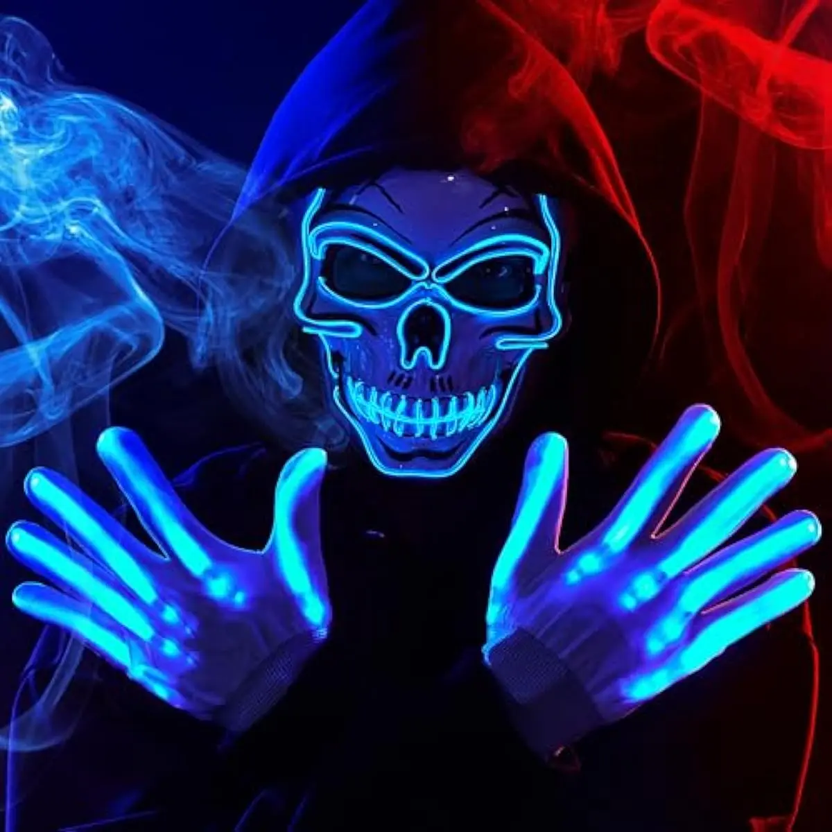 Halloween LED Skull Mask with Light Up Gloves, Blue Scary Glow Up Skull and Glow in The Dark Skeleton Mask for Adult Men Women Halloween Cosplay Costumes Accessories, Party Dress Up Prop
