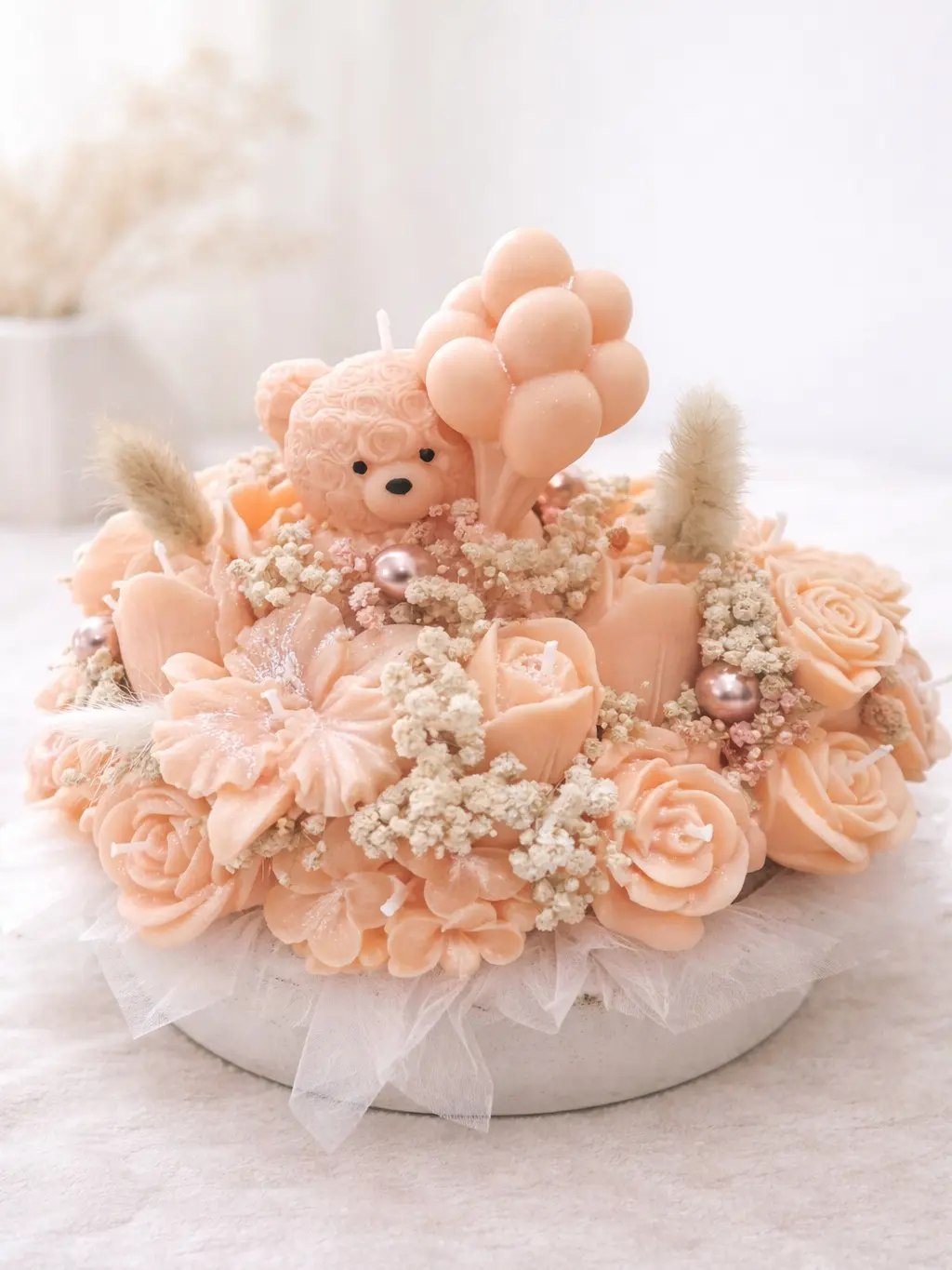 DLCommerceShop Handmade Peach Teddy Ceramic Aroma Candle Bouquet, Blooming Rose Floral Decor Candle, Scented Home Decor Gift