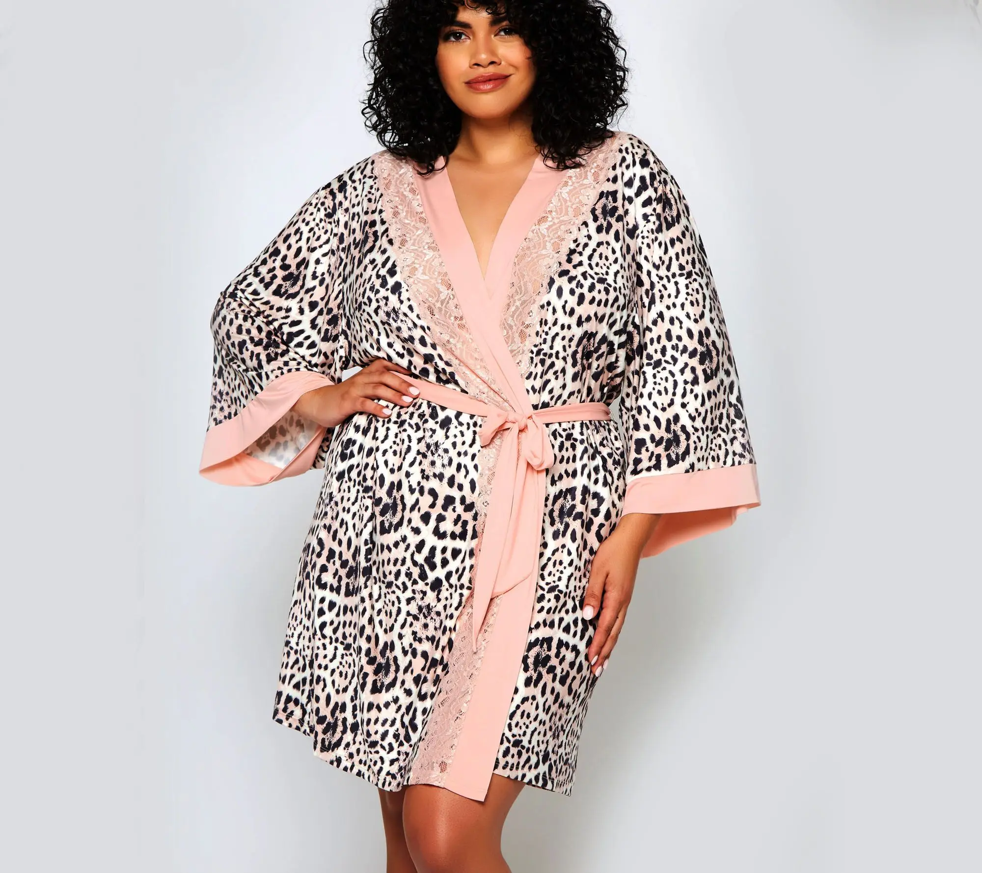 iCollection Plus Size Leopard & Lace Microfiber Robe