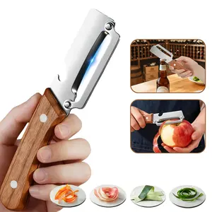 2-in-1 Stainless Steel Vegetable Peeler – Ultra Sharp Blade with Built-in Bottle Opener, Ergonomic Wooden Handle, Durable Kitchen Tool for Fruits & Vegetables
