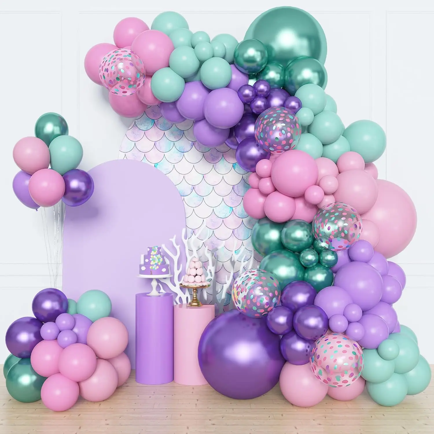 153pcs Magical Mermaid Balloon Garland Arch Kit - 18/12/10/5in Purple,Pink,Green,Aqua Blue Latex,Metallic,Confetti Balloons, Durable, Feminine Decor for Girl Kids' Mermaid Theme Ocean Party, Doors, Windows