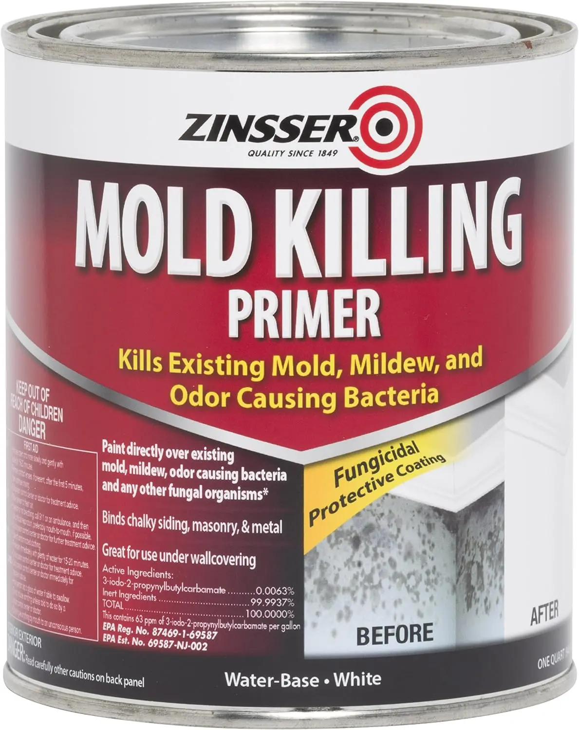 Zinsser 276087 Mold Killing Primer - Water-Based, 1 Quart, White – Prevent Mold & Mildew on Walls & Ceilings
