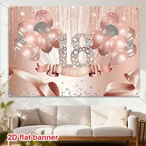 Rose gold birthday decorations - 18th birthday banner, party and photo backdrop fabric, Party Decoration Supplies, suitable for birthday celebrations, gift ideas and photography props