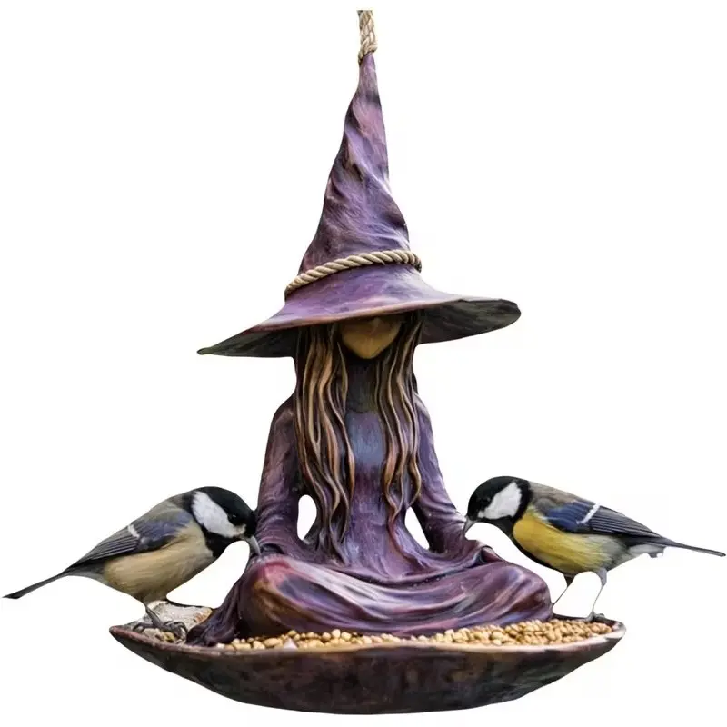 Meditative Witch Garden Bird Feeder, Creative Hat Witch Wild Bird Seed Tray, Rope Hanging, Unique Zen Garden Decor, Halloween Decoration, Outdoor Courtyard Art and Gift