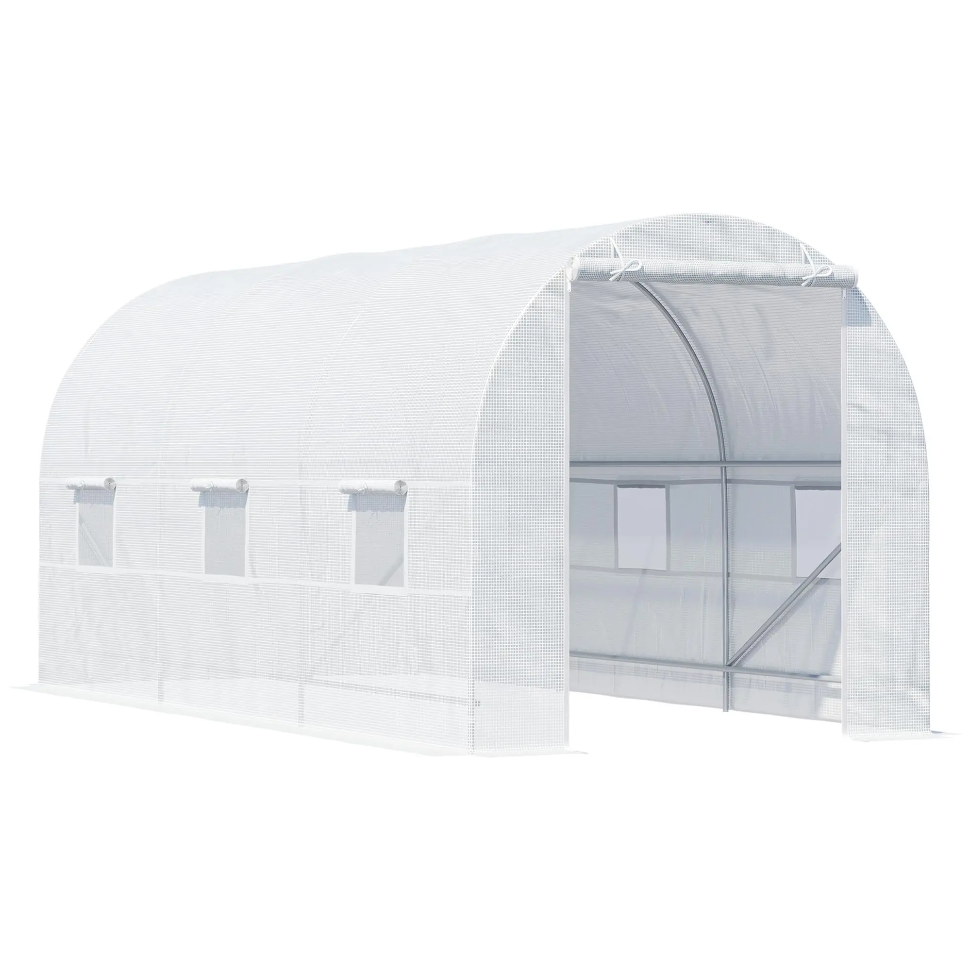 Outsunny 15'x7'x7' Walk-In Arch Greenhouse Kit, Large Garden Hot House with Steel Frame, 6 Roll-Up Windows, Roll-Up Door, White, Roll-Up Doors